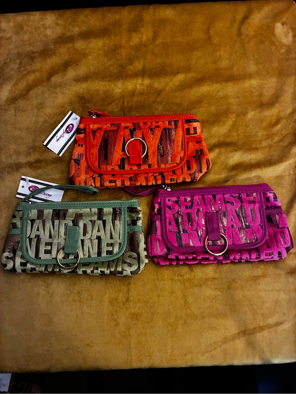 Women’s Bundle of 3Textured Letter Print Wristlet - Orange, Pink, Green